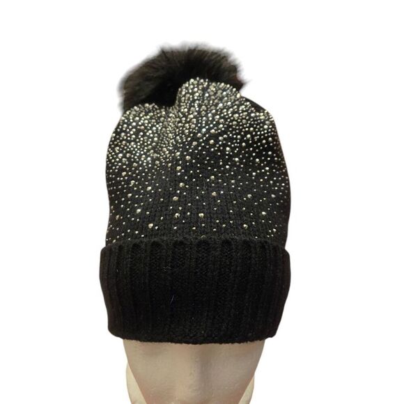 Women's One Size Black Knit Embellished Rhinestones & Faux Fur Pompom Hat - Picture 1 of 6